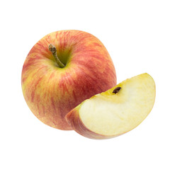 Ripe juicy red apple fruit with slice isolated on white background