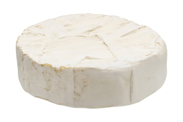 Camembert or brie cheese isolated on white background. Soft cheese covered with edible white mold view from above.