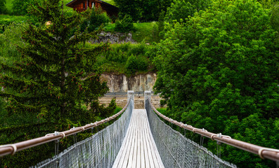 Obraz premium View of suspension bridge in Swiss Alps. Suspension bridge, crossing the river, crossing in the woods.