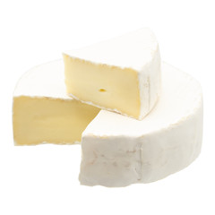 Camembert or brie cheese isolated on white background. Soft cheese covered with edible white mold view from above.