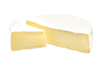 Camembert or brie cheese isolated on white background. Soft cheese covered with edible white mold view from above.