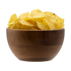 Potato chips in wooden bowl isolated on white background.