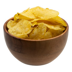 Potato chips in wooden bowl isolated on white background.
