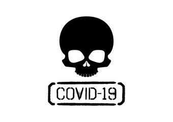 COVID-19 stamp print with skull vector. Skull black silhouette icon. Human skull vector. Grunge covid-19 stamp icon. Coronavirus disease icon isolated on a white background. COVID-2019 clip art