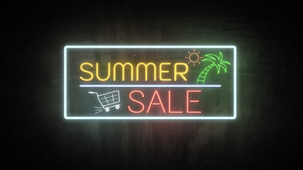 SUMMER SALE neon light on wall. Sale banner blinking neon sign style for promo video. concept of sale and clearance