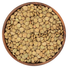 Lentils in wooden bowl isolated on white background with clipping path