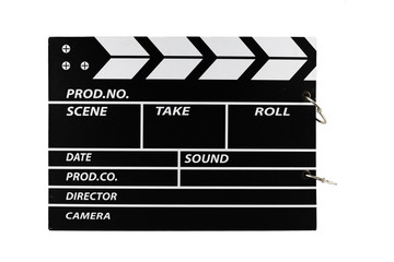 Fototapeta premium Empty cinema clap board with scene, director, sound type of set information headers, isolated on white background.