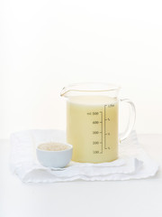 Dairy alternative. Rice milk in a high glass on white background.