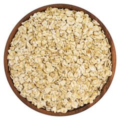 Oat rye flakes in bowl isolated on white background. Top view