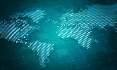 Digital Cyber Map with dots on a blue background.