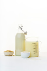 Rice milk and oat milk. Vegan beverage full of proteins. Healthy dairy alternative for lactose intolerance