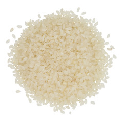 Top view of round rice isolated on white background.