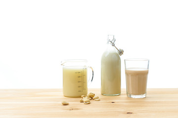 Dairy alternative for lactose intolerance. Almond, soy and oat milk. Healthy drink, protein source.