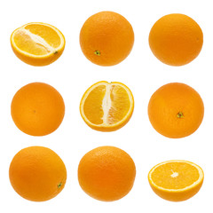 Set of orange fruit. Whole, half and sliced orange isolated on white background.