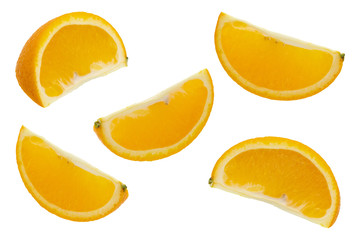 Set of orange fruit. Whole, half and sliced orange isolated on white background.