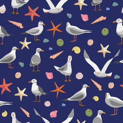 Seamless pattern with seagulls, seashells, sea stars on dark blue background.