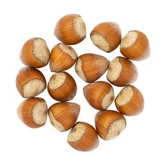 Top view of hazelnuts isolated on white background. Fresh hazelnuts in their shells.