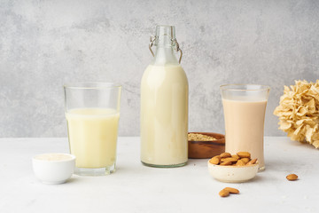 Rice, oat and almond milk. Dairy alternatives for lactose intolerance. Healthy organic protein source for vegans.