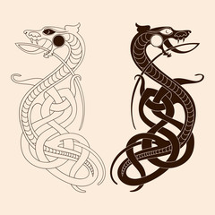 Celtic national ornament in the form of two dragons isolated on a beige background.