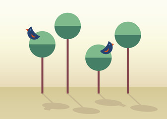 Abstract landscape of birds on trees in the daylight, in flat style