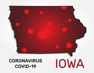 Map of Iowa state and coronavirus infection. Concept of disease outbreak with microbe cell symbols. Vector illustration