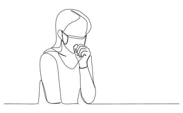 Continuous Line Drawing Vector Illustration Of A Woman Is Wearing Mash And Having Cough