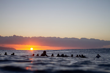 Surfers waiting for waves at sunset