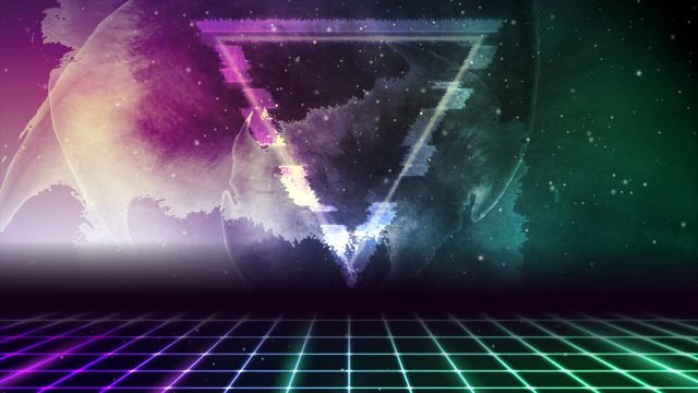 Retro futuristic 80s - 90s abstract hi-tech neon motion background with grunge galaxy sky and glitch effect triangle. Seamless looping. Video animation Ultra HD 4K 3840x2160