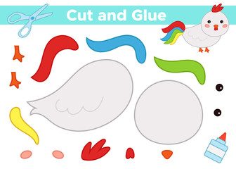 Fototapeta premium Educational paper games for preschool children. Use scissors and glue to create hen. Easter theme. Cute kawaii character.