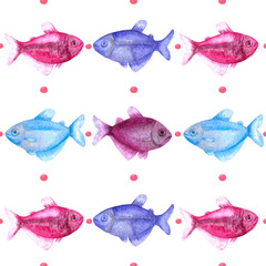 Colored fishes in line. Seamless pattern. Watercolor hand drawn illustration.