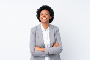 Fototapeta na wymiar African american business woman over isolated white background laughing