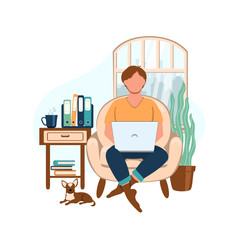 Young man sitting in a chair with laptop working from home. Home office concept. People who study or work at home. People at home. Vector illustration in flat style.