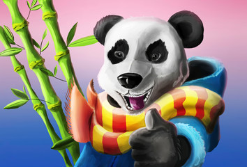 Funny panda with bamboo at sunset.
