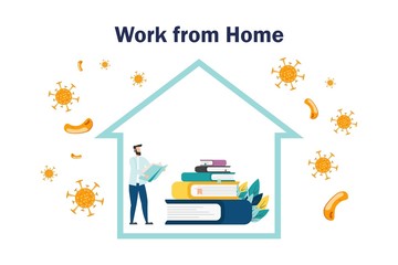 Self isolation concept. Young man working from home during Covid-19. All stay at home. Self-isolate from a pandemic. Remote work from home during Quarantine. Vector flat illustration