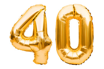 Number 40 forty made of golden inflatable balloons isolated on white. Helium balloons, gold foil...