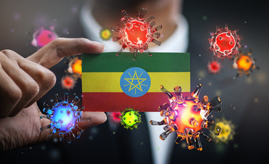 Corona Virus Around Ethiopia Flag. Concept Pandemic Outbreak in Country