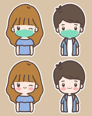 Boy and girl cute cartoon wearing protective mask  for prevent virus  Covid-19.