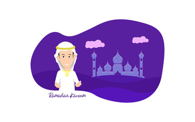 ramadan kareem design with Muslim male cartoon characters, vector illustration