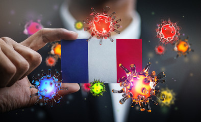 Corona Virus Around France Flag. Concept Pandemic Outbreak in Country
