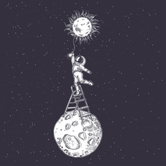 Obraz na płótnie Canvas An astronaut lights a light bulb while standing on a stepladder. Cosmic illustration.