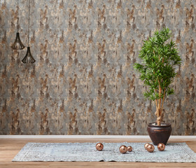 Fototapeta na wymiar Grey wall, wallpaper and home accessory in the room, lamp chair vase and coffee table style.