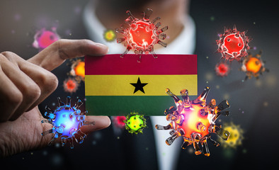 Corona Virus Around Ghana Flag. Concept Pandemic Outbreak in Country
