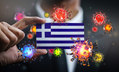 Corona Virus Around Greece Flag. Concept Pandemic Outbreak in Country