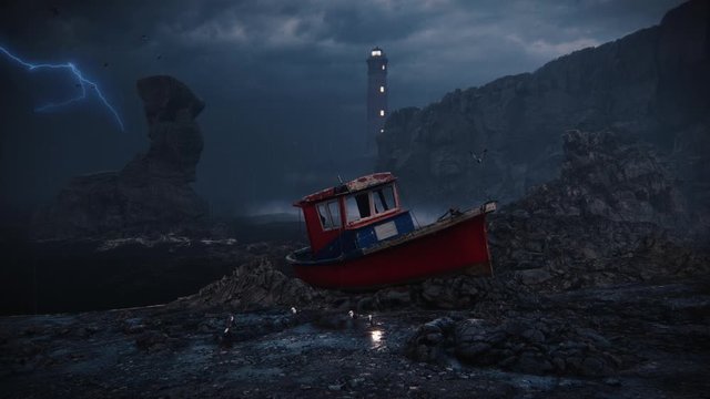 3d animation render of Lighthouse, boat, rain, sea, ocean, fog - 1
