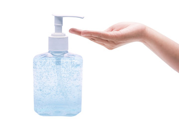 Woman hands washing her hand with alcohol gel to protect the coronavirus on white background.