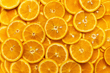 Bright orange background with slices of juicy oranges. Orange in the section. Orange-abstract fruit background, natural vitamins. Backgrounds and textures