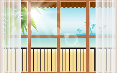 sunlight at windows of the bungalow on the beach in the summer