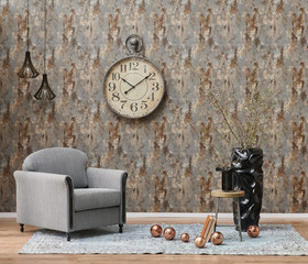 Grey wall, wallpaper and home accessory in the room, lamp chair vase and coffee table style.