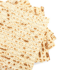Passover matzos isolated on white, top view. Pesach celebration