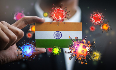 Corona Virus Around India Flag. Concept Pandemic Outbreak in Country
